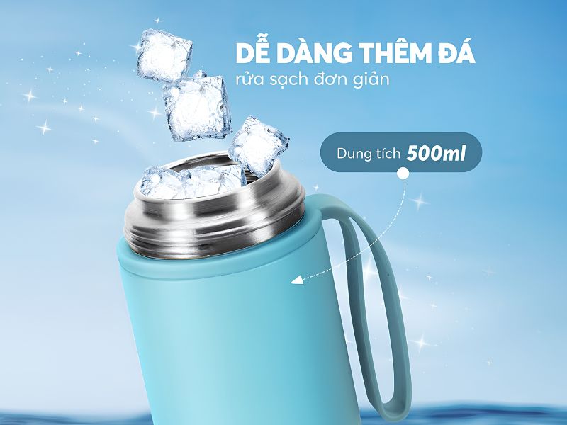 Bình có miệng đủ rộng để thêm đá, phù hợp sử dụng với các loại đồ uống lạnh. Bình giữ lạnh được bao lâu