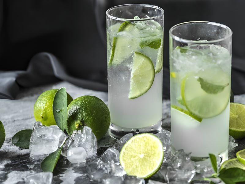 Hình ảnh nước chanh tươi với lát chanh xanh được đựng trong bình giữ nhiệt, minh họa cách bảo quản nước chanh tiện lợi khi mang theo.
