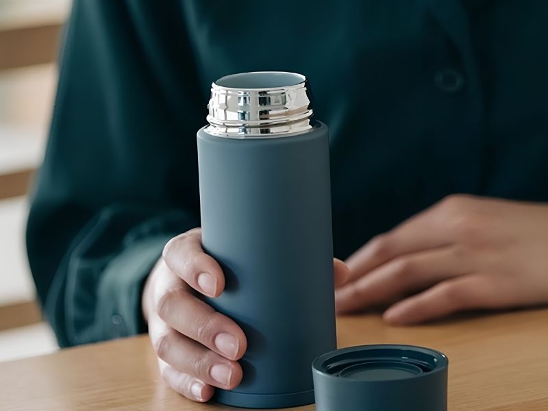 Người dùng cầm bình giữ nhiệt màu xanh