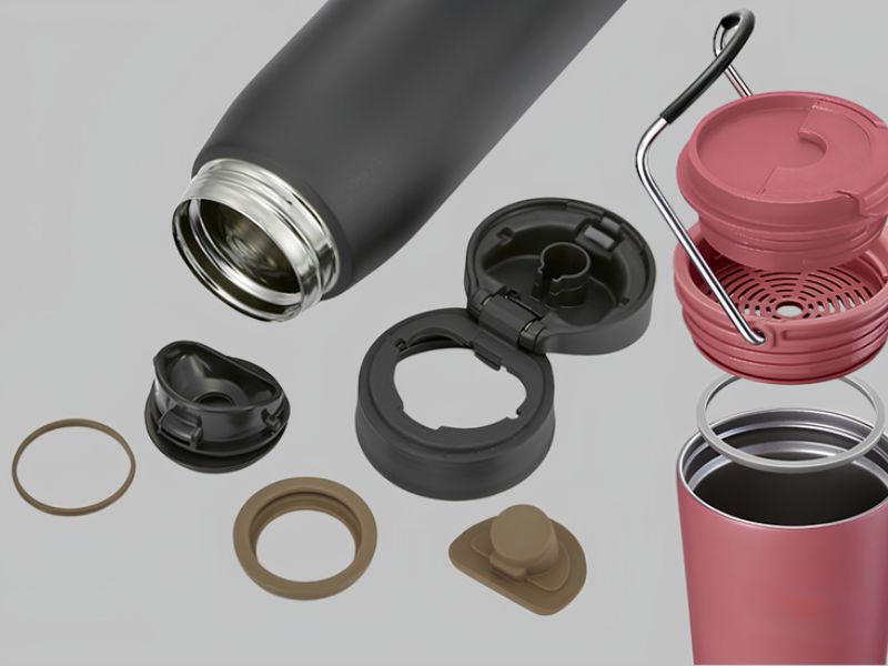 Hình ảnh các bộ phận của bình giữ nhiệt và phần nắp được tháo rời, giúp người dùng dễ dàng quan sát cấu tạo và vệ sinh bình.