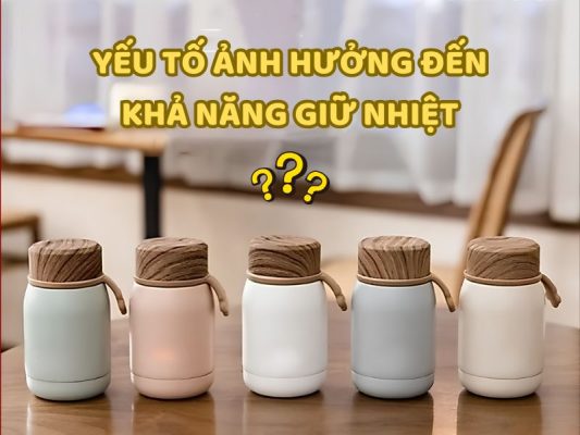 Hình ảnh minh họa các yếu tố ảnh hưởng đến khả năng giữ nhiệt của bình, kết hợp hình ảnh bình và môi trường sử dụng.